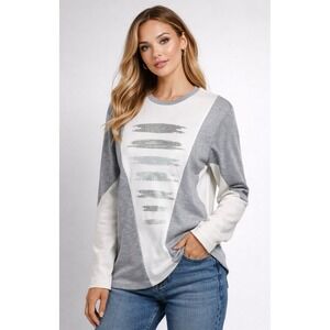 Pierre‎ Balmingo Paris Shirt Women Medium White Colorblock Glitter Sweatshirt